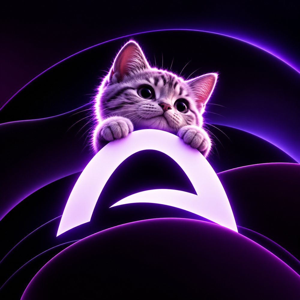 A kitten peeking over the glowing ArcKitty arch