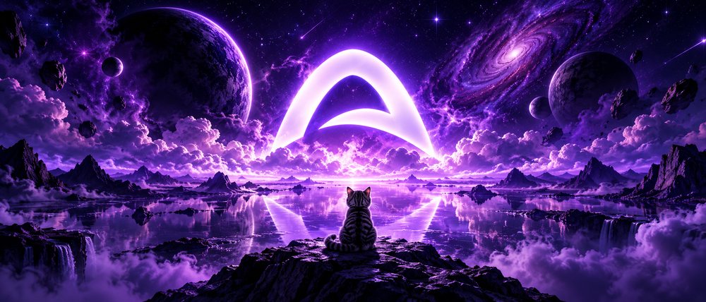 A kitten on a cliff watching a giant glowing arch over a mirror lake